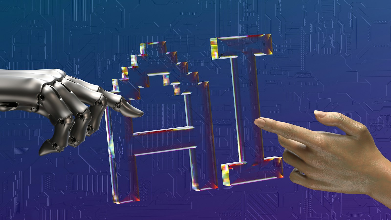 Yapay zekâ ve insan iş birliğini anlatan robot ve insan eli